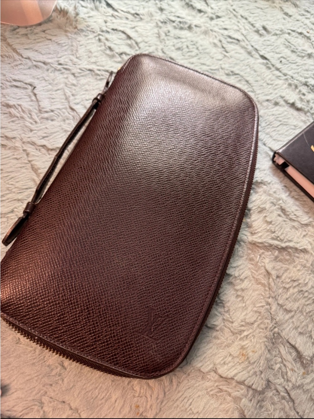Louis Vuitton Dark Brown Textured Leather Zip organizer/clutch